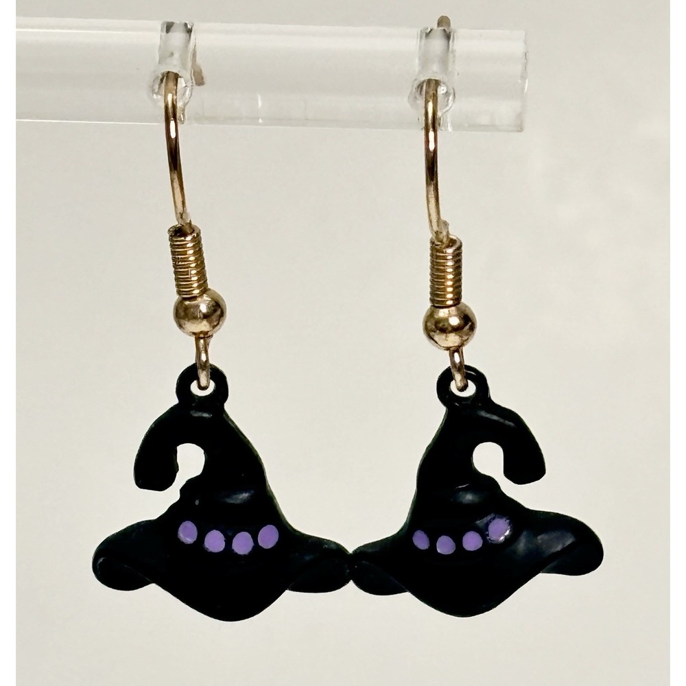 Vintage Halloween Little Witch Hat Dangle Earrings Black & Purple Resin